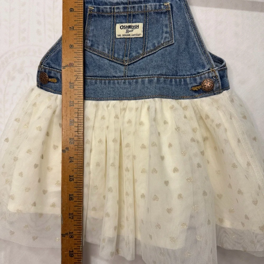 Oshkosh Girls Toddler 2T Denim Overalls Dress Cream Tulle Sparkle Hearts